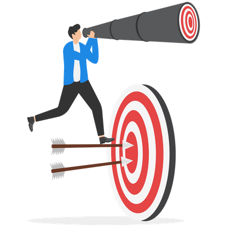 Businessman standing on archery target that was hitted at bullseye looking for new target  Illustration