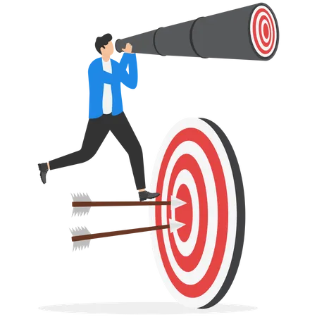 Searching For New Target Ambition To Meet Next Challenge Business Vision For Future Mission Concept Businessman Standing On Archery Target That Was Hitted At Bullseye Looking For New Target Illustration
