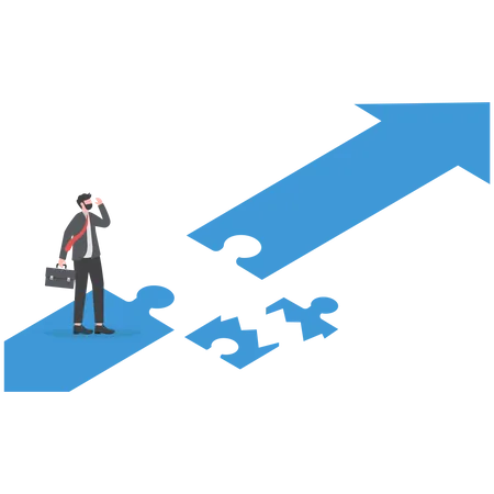 Business Solutions And Career Paths Destroyed Businessman Standing On Arrow Puzzle Illustration