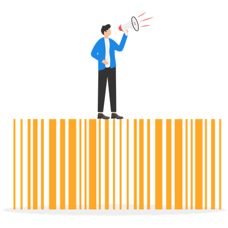 Businessman standing on barcode while doing business marketing  Illustration