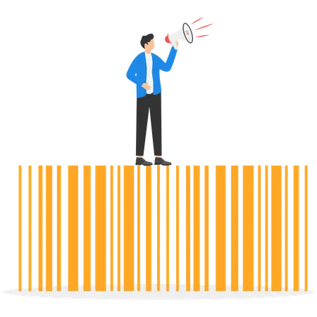 Businessman standing on barcode while doing business marketing  Illustration