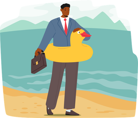 Businessman Standing On  Beach With Briefcase And Rubber Duck Float  Illustration