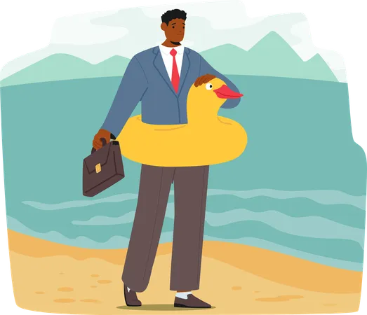 Businessman Standing On  Beach With Briefcase And Rubber Duck Float  Illustration