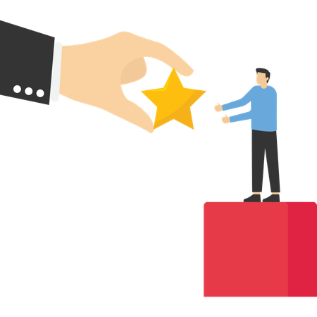 Businessman standing on big hand getting star reward  Illustration