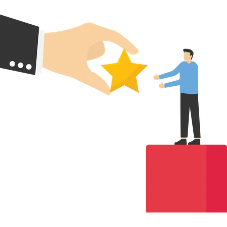 Businessman standing on big hand getting star reward  Illustration