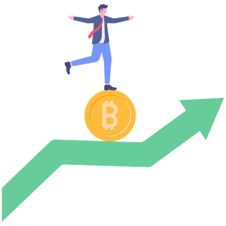 Businessman standing on bitcoin while getting stock market profit  Illustration