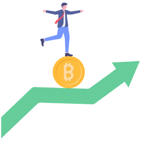 Businessman standing on bitcoin while getting stock market profit  Illustration