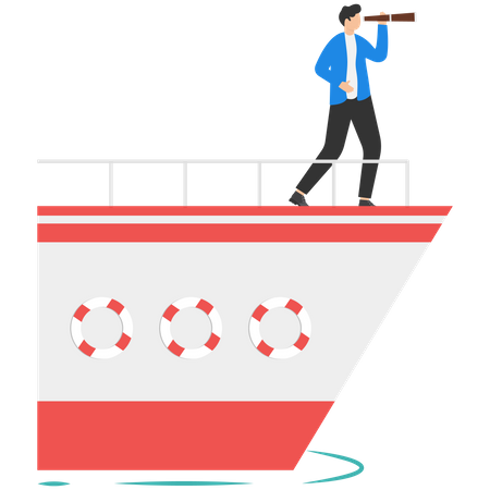 Businessman Standing On Boat Looking For Business Target Goals  Illustration