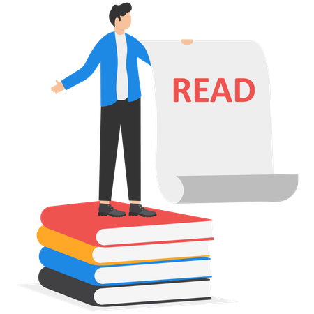 Businessman standing on books while holding paper for reading  Illustration