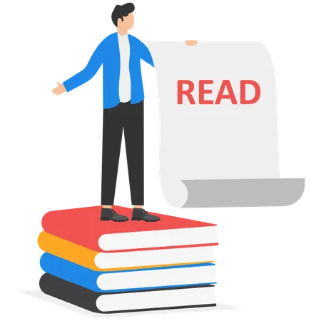 Businessman standing on books while holding paper for reading  Illustration