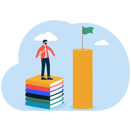Businessman standing on books while thinking about education scholarship  Illustration