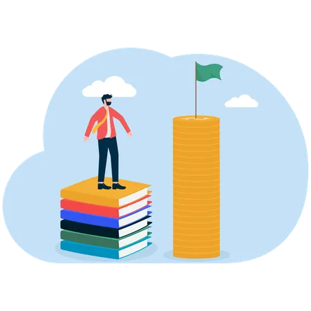 Businessman standing on books while thinking about education scholarship  Illustration