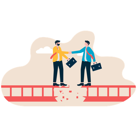 Businessman standing on broken bridge while doing business deal  Illustration