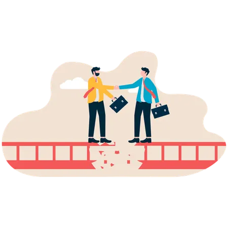 Businessman standing on broken bridge while doing business deal  Illustration
