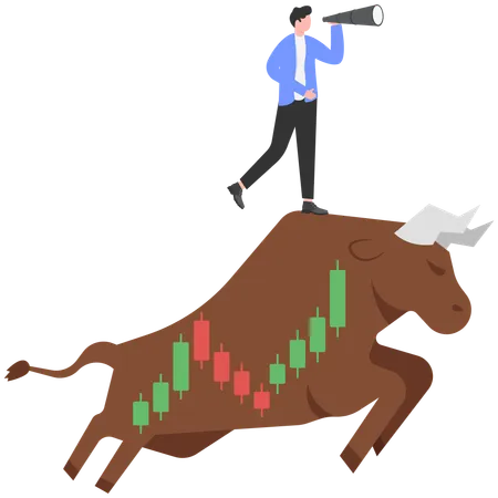 Businessman standing on bull while getting market profit  Illustration