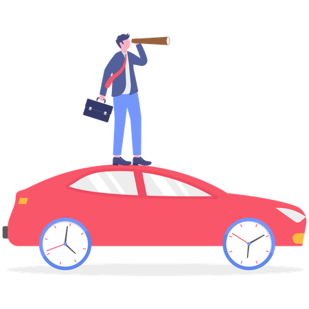 Businessman standing on car while finding vision  Illustration