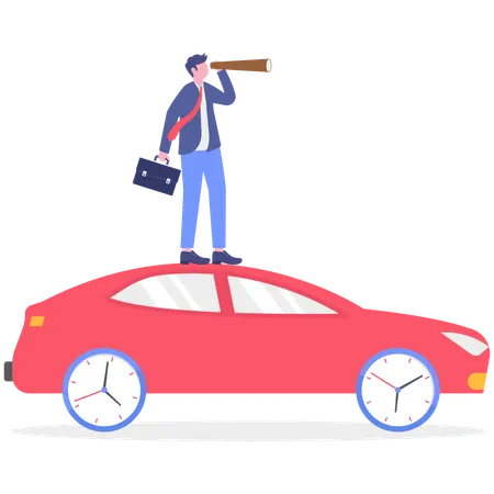 Businessman standing on car while finding vision  Illustration