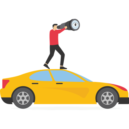 Businessman standing on car while looking something using telescope  Illustration