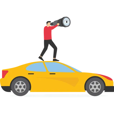 Businessman standing on car while looking something using telescope  Illustration