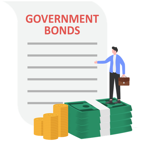 Businessman standing on cash bundles while showing government bonds  Illustration