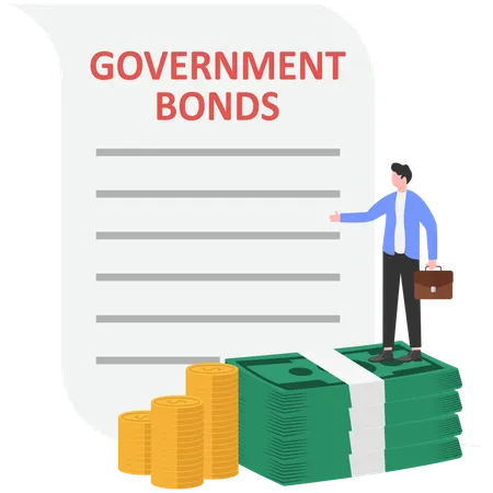 Businessman standing on cash bundles while showing government bonds  Illustration