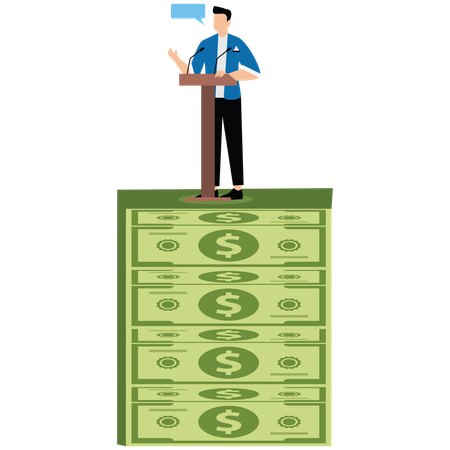 Businessman standing on cash while giving financial speech  Illustration