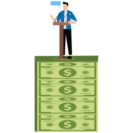 Businessman standing on cash while giving financial speech  Illustration