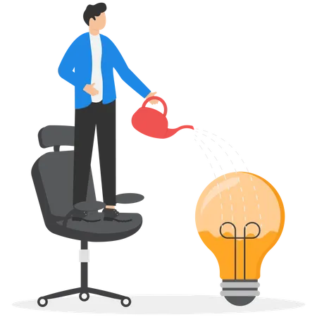 Idea Development Creativity Genius Or Knowledge To Think About New Business Idea Skill Improvement Or Career Growth Concept Smart Businessman On Ladder Watering To Fill In Liquid In Idea Light Bulb Illustration
