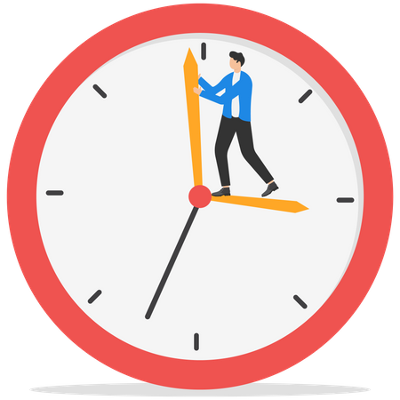 Businessman standing on clock hour hand manage to push back minute hand to turn back time  イラスト