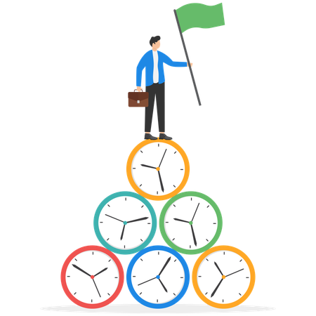 Businessman standing on clock stack with flag while managing work time  Illustration