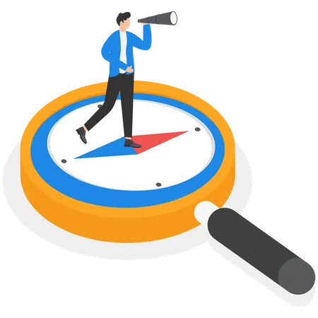 コンパスの上に立ち、ビジネスビジョンを探しているビジネスマン  イラスト