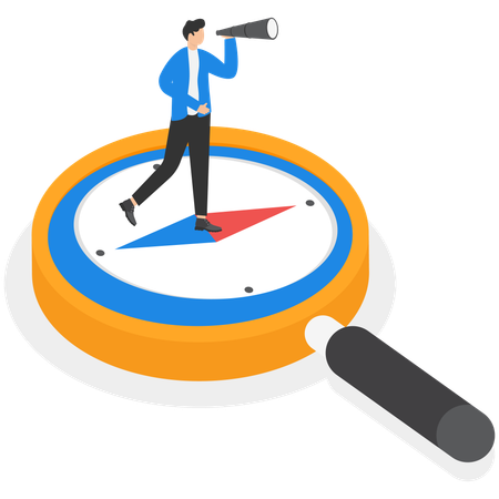 Businessman standing on compass while find business vision  Illustration