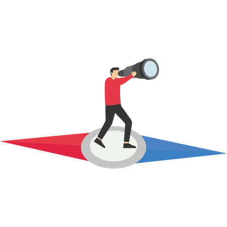 Businessman standing on compass with telescope  Illustration