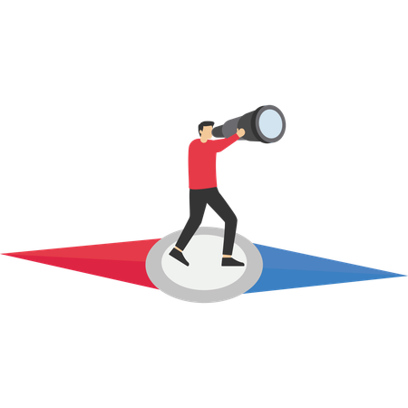 Businessman standing on compass with telescope  Illustration