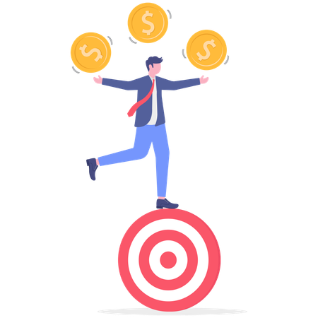 Businessman standing on dashboard while juggling dollar  Illustration