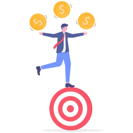Businessman standing on dashboard while juggling dollar  Illustration