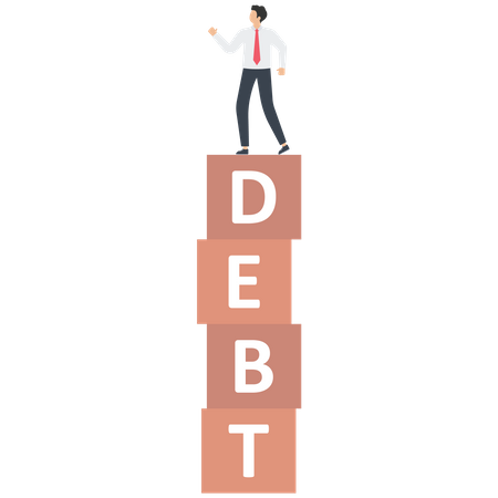 Businessman standing on debt boxes  Illustration