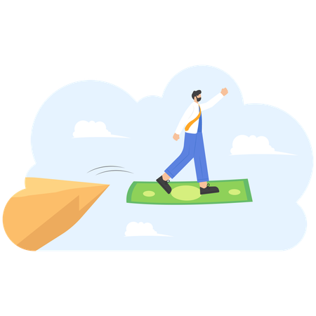 Businessman standing on dollar across cliff  Illustration