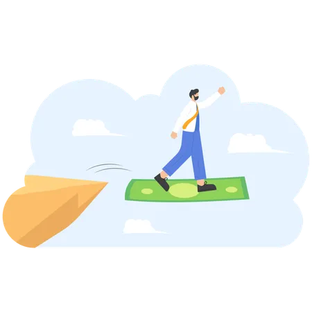 Businessman standing on dollar across cliff  Illustration