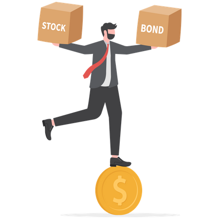 Businessman standing on dollar and balancing stock and bond  Illustration