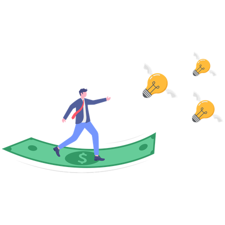 Businessman standing on dollar note while catching bulb  Illustration
