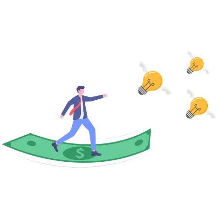 Businessman standing on dollar note while catching bulb  Illustration