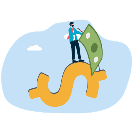 Businessman standing on dollar sign surfing in the sky  Illustration