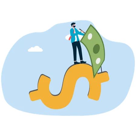 Businessman standing on dollar sign surfing in the sky  Illustration