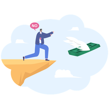 Businessman standing on edge of cliff and throw down money symbol  Illustration