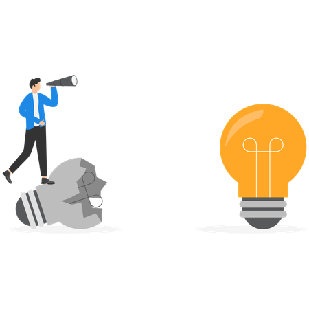 Businessman standing on extinguished bulb and search new good idea  Illustration