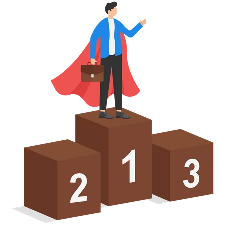 Businessman Standing On First Podium In Superhero Costume Success In Business And Career Modern Vector Illustration In Flat Style Illustration