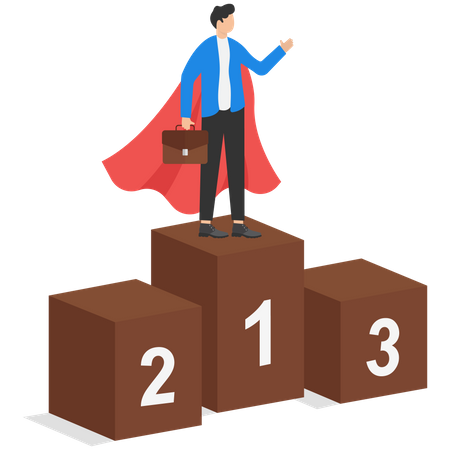 Businessman standing on first podium in superhero costume  Illustration