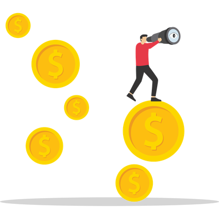 Businessman standing on flying dollar coins with binocular  Illustration