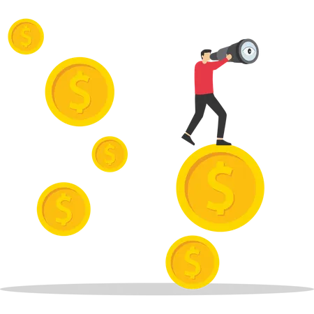 Businessman standing on flying dollar coins with binocular  Illustration